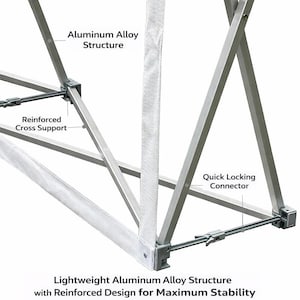 May include: Close-up of a lightweight aluminium alloy structure with a reinforced design for maximum stability. The structure features reinforced cross supports and quick-locking connectors. The text labels the structure as aluminium alloy.