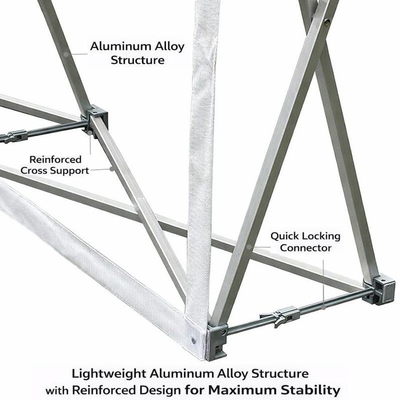 May include: Close-up of a lightweight aluminium alloy structure with a reinforced design for maximum stability. The structure features reinforced cross supports and quick-locking connectors. The text labels the structure as aluminium alloy.
