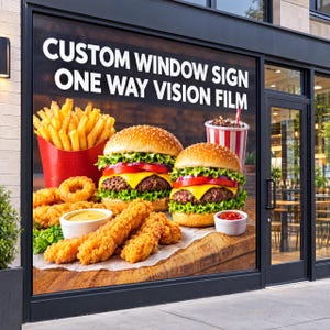 May include: A custom window sign featuring one way vision film with the text CUSTOM WINDOW SIGN ONE WAY VISION FILM. The graphic displays two cheeseburgers, a red container of french fries, fried chicken tenders, onion rings, and a drink.