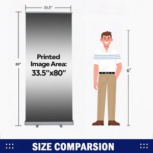 May include: A retractable banner stand with a printed image area of 33.5" x 80". The banner has a gradient design. A 6-foot tall person is shown for size comparison. The text "Printed Image Area: 33.5"x80"" is visible.