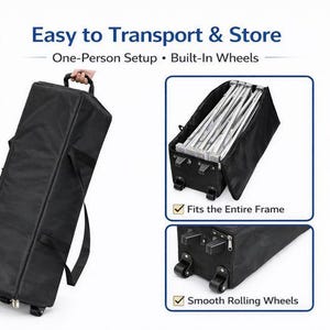 May include: Black carrying case with built-in wheels for easy transport and storage. The case has a handle and shoulder straps. Text on the image reads: Easy to Transport & Store, One-Person Setup, Built-In Wheels, Fits the Entire Frame, and Smooth Rolling Wheels.