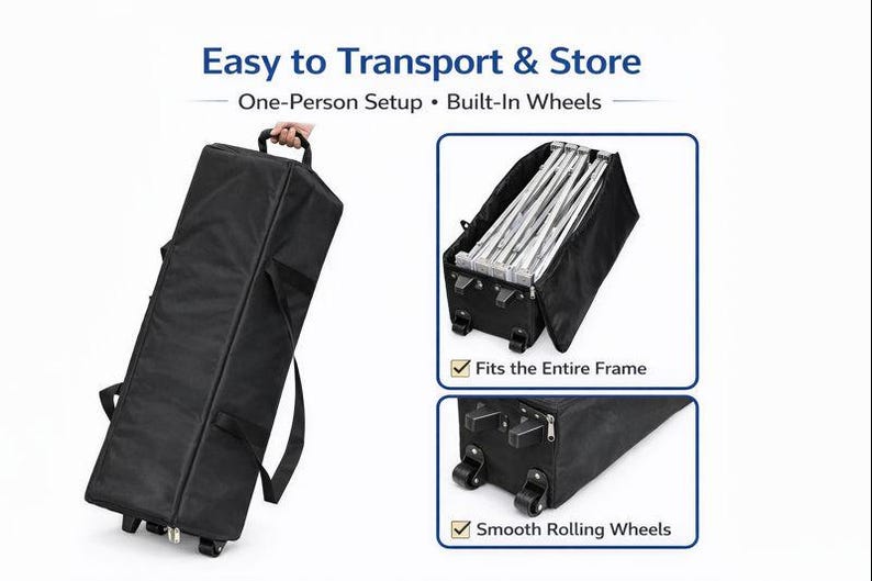 May include: Black carrying case with built-in wheels for easy transport and storage. The case has a handle and shoulder straps. Text on the image reads: Easy to Transport & Store, One-Person Setup, Built-In Wheels, Fits the Entire Frame, and Smooth Rolling Wheels.