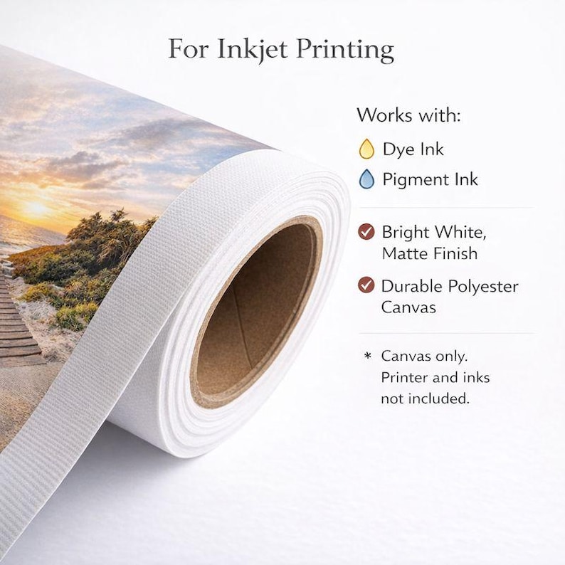 May include: A rolled canvas print with a landscape image, featuring a sunset over the ocean. The text "For Inkjet Printing" is at the top. The canvas is bright white with a matte finish and made of durable polyester. Works with dye and pigment inks.
