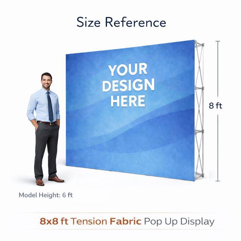 May include: A blue 244 x 244 cm tension fabric pop-up display with the text "YOUR DESIGN HERE". The display is 244 cm tall. A man in a blue shirt and grey trousers stands next to the display. The model's height is 183 cm.
