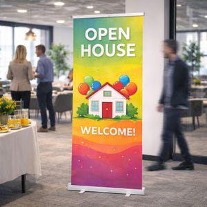 May include: A colorful retractable banner with the words "OPEN HOUSE" in white. Below is a cartoon house with balloons and the word "WELCOME!". The banner is displayed in a room with people and a table.
