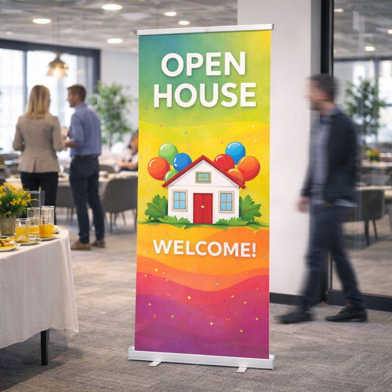 May include: A colorful retractable banner with the words "OPEN HOUSE" in white. Below is a cartoon house with balloons and the word "WELCOME!". The banner is displayed in a room with people and a table.