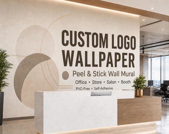 May include: A modern office reception area featuring a custom logo wallpaper. The wallpaper is peel and stick, PVC-free, and self-adhesive. The text on the wallpaper reads "CUSTOM LOGO WALLPAPER". The reception desk is white and wood-toned.