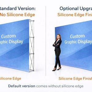 May include: Two custom graphic displays are shown, one with a standard version and the other with an optional silicone edge finishing. The displays have a blue background with the text "Custom Graphic Display". A woman in a black suit stands next to each display.