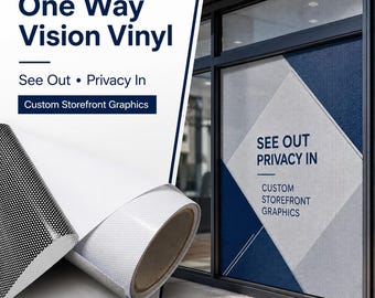 May include: A roll of one-way vision vinyl with a white, textured surface and a black and white dotted pattern. The image also shows a storefront window with the text "See Out Privacy In" and "Custom Storefront Graphics."