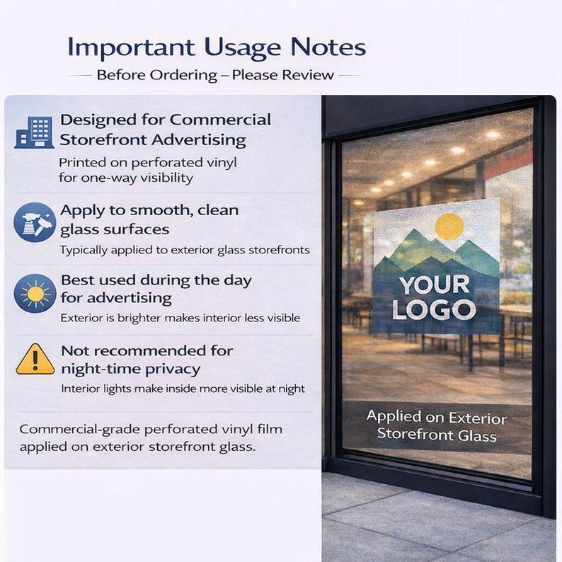 May include: Image of a storefront window with a printed graphic. The graphic features a mountain and sun design with the text "YOUR LOGO." Text on the left details usage notes for commercial storefront advertising, including application to glass surfaces.