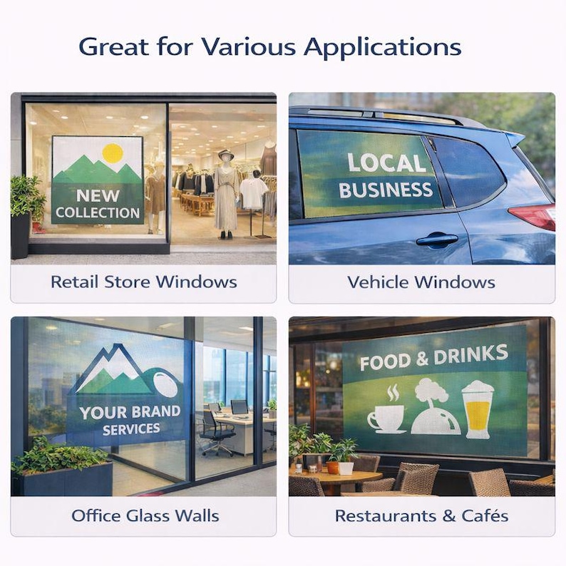 May include: Image showcasing various applications for business signage. Includes examples of retail store windows with "NEW COLLECTION" text, vehicle windows with "LOCAL BUSINESS" text, office glass walls with "YOUR BRAND SERVICES" text, and restaurant windows with "FOOD & DRINKS" text.