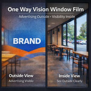 May include: One Way Vision Window Film with advertising visible from the outside and clear visibility from the inside. The film has the word "BRAND" in white on a blue and orange background. The text "Outside View Advertising Visible" and "Inside View See Outside Clearly" are also visible.