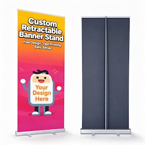 May include: A custom retractable banner stand with a colorful design. The banner features the text "Custom Retractable Banner Stand" and "Your Design Here". The stand is silver and has a dark gray banner on the back.