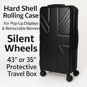 Può includere: Valigia nera rigida con ruote, con design Union Jack. Dotata di ruote silenziose e disponibile nelle misure di 109 cm o 89 cm. Il testo sull'immagine recita "Hard Shell Rolling Case for Pop-Up Displays & Retractable Banners. Silent Wheels. Protective Travel Box."