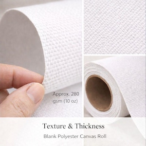 May include: Close-up of a white blank polyester canvas roll with a textured surface. The image shows the texture and thickness of the canvas, which is approximately 280 gsm (10 oz). The text "Texture & Thickness" and "Blank Polyester Canvas Roll" are also visible.