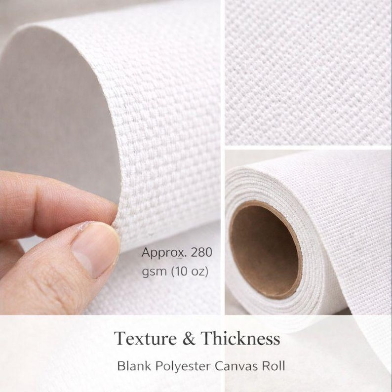 May include: Close-up of a white blank polyester canvas roll with a textured surface. The image shows the texture and thickness of the canvas, which is approximately 280 gsm (10 oz). The text "Texture & Thickness" and "Blank Polyester Canvas Roll" are also visible.