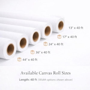 May include: Several rolls of white canvas are displayed, each with a brown core. The image shows various sizes, including 13" x 40 ft, 17" x 40 ft, 24" x 40 ft, 36" x 40 ft, and 44" x 40 ft. Text at the bottom reads "Available Canvas Roll Sizes".