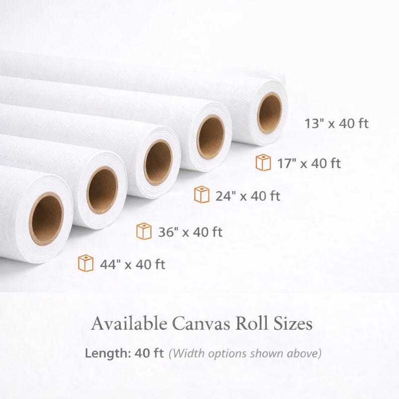 May include: Several rolls of white canvas are displayed, each with a brown core. The image shows various sizes, including 13" x 40 ft, 17" x 40 ft, 24" x 40 ft, 36" x 40 ft, and 44" x 40 ft. Text at the bottom reads "Available Canvas Roll Sizes".