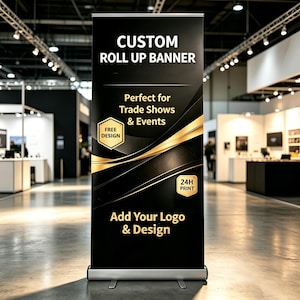 May include: A black roll-up banner with gold and white text. The banner reads "CUSTOM ROLL UP BANNER" and "Add Your Logo & Design". It is designed for trade shows and events.