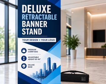 May include: A deluxe retractable banner stand with a blue and white geometric design, featuring the text DELUXE RETRACTABLE BANNER STAND, YOUR DESIGN, YOUR LOGO, PREMIUM CARRY BAG, ADJUSTABLE HEIGHT 65-90", and DELUXE BASE, with a black carry bag.