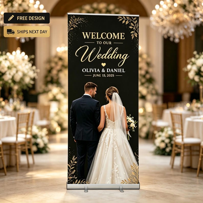 May include: A black wedding welcome sign with gold lettering and floral accents. The sign reads "WELCOME TO OUR Wedding" with the names Olivia & Daniel and the date June 15, 2025. A couple is pictured on the sign.