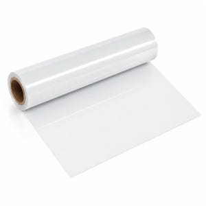 May include: A roll of smooth, glossy white adhesive vinyl film. The roll is cylindrical with a cardboard core visible at the end, and a flat sheet of the white material extends outward from the roll, displaying a clean, uniform surface.