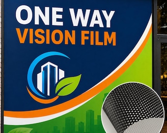 以下が含まれることがあります： 濃い青色の背景に白とオレンジで「ONE WAY VISION FILM」と書かれた窓用フィルム。緑色の都市のシルエットと葉のロゴが描かれています。円形のインセットには、穴の開いた黒と白の粘着フィルムのクローズアップが表示されています。