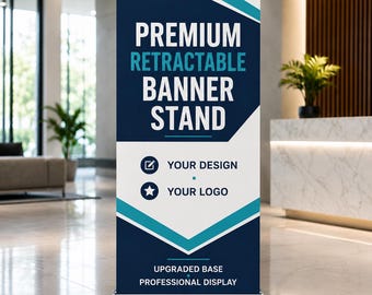 May include: A vertical retractable banner stand featuring a dark blue and white geometric design with teal accents. The text reads PREMIUM RETRACTABLE BANNER STAND, YOUR DESIGN, YOUR LOGO, UPGRADED BASE, and PROFESSIONAL DISPLAY with icons.