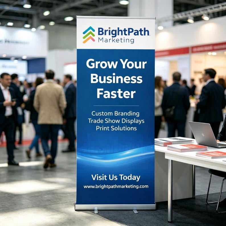 May include: A blue and white BrightPath Marketing retractable banner with the text "Grow Your Business Faster." The banner also includes the text "Custom Branding, Trade Show Displays, Print Solutions" and "Visit Us Today."