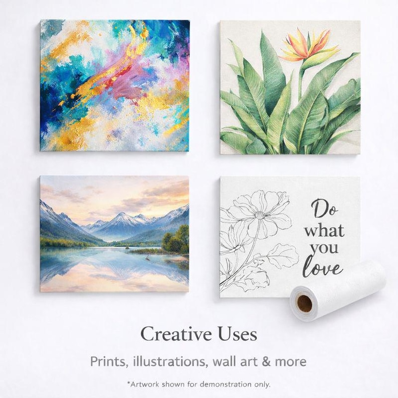 May include: Four square canvas prints showcasing diverse art styles. Top left: abstract art with blue, gold, and pink hues. Top right: botanical illustration of a bird of paradise flower. Bottom left: landscape painting of a lake and mountains. Bottom right: floral line art with the text "Do what you love."