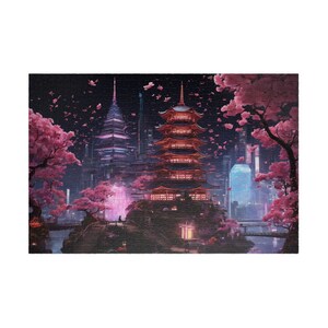 Cyberpunk Japanese Pagoda Jigsaw Puzzle - Futuristic Neon Landscape - Perfect Gift for Anime and Sci-Fi Enthusiasts