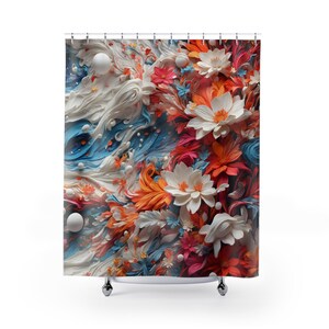 May include: A shower curtain featuring a colorful abstract floral design with white, orange, red, and blue paper flowers. The background is a swirling blue and white pattern.