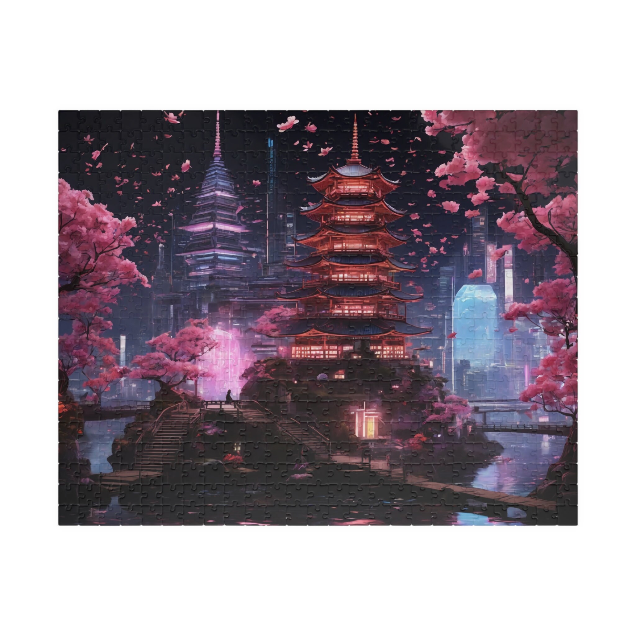 Cyberpunk Japanese Pagoda Jigsaw Puzzle - Futuristic Neon Landscape ...