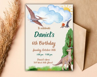 Editable Watercolor Dinosaur Birthday Invitation Template (Digital Download)