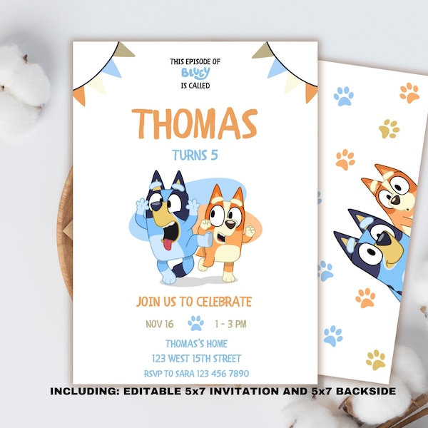 Editable Dog Invitation, Girl Boy Blue Dog Invite, Blue Dog Invitation, Dogs Birthday Party, Instant Download Canva Template