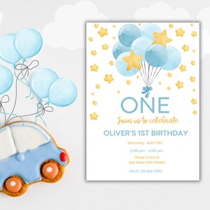Editable Baby Boy 1st Birthday Invitation, Simple Balloon First Birthday Invite, Instant Download, Blue and Yellow Invitation Template BF01