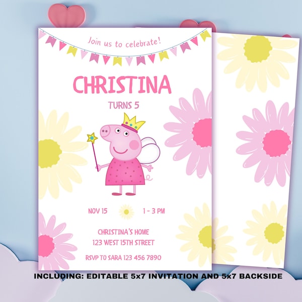 Rosa Schwein Geburtstagseinladung, bearbeitbares Rosa Schwein Evite, Mädchen einladen, Kindergeburtstag einladen, Sofort Download, Canva Vorlage PP01