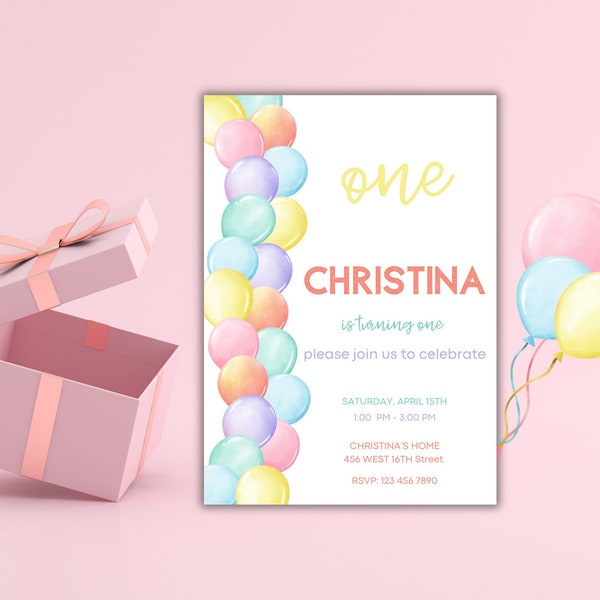 Editable Pastel Rainbow 1st Birthday Invitation, Colorful Pastel Rainbow Party Invite, Pastel Rainbow Balloon Invite, Printable Download