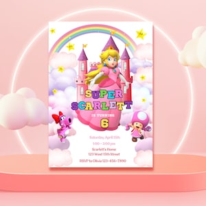 Prinzessin Peach Einladung Super Mario Bros Prinzessin Geburtstag einladen Peach Party Einladung Mädchen Mario einladen Canva Vorlage Sofort Download