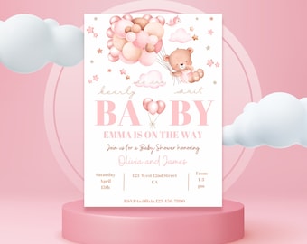Editable Brown Bear Balloon Baby Shower Invitation, We Can Bearly Wait Baby Shower Invite, Boho Bear Baby Shower, Pink Girl Baby Shower