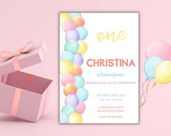 May include: A pastel-colored birthday invitation with a watercolor illustration of balloons. The text reads "one" in yellow, "CHRISTINA" in orange, "is turning one" in green, and "please join us to celebrate" in purple. The invitation also includes the date, time, location, and RSVP information.