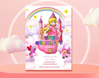 Princess Peach Invitation Super Mario Bros Princess Birthday Invite Peach Party Invitation Girl Mario Invite Canva Template Instant Download