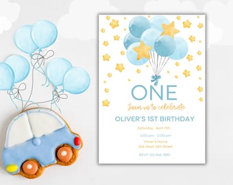 Editable Baby Boy 1st Birthday Invitation, Simple Balloon First Birthday Invite, Instant Download, Blue and Yellow Invitation Template BF01