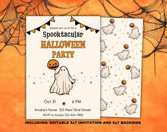 Uitnodiging voor spookachtig Halloween-feest: Ghost & Pumpkin-ontwerp (bewerkbaar canvas, direct downloaden)