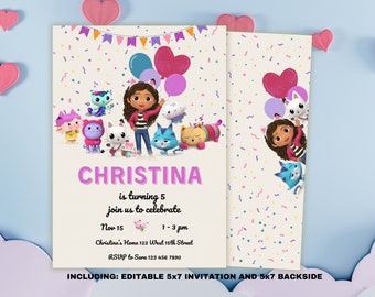 Editable Girl Birthday Invitation, Cat Birthday Party Invitation, Kids Birthday Invite, Printable Canva Template, Instant Download