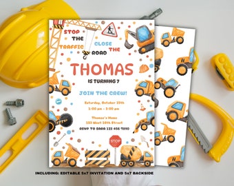 May include: Construction themed birthday party invitation with a yellow and orange construction crane, a yellow excavator, and a yellow dump truck. The invitation says "Stop the Traffic Close the Road Thomas is turning 7. Join the Crew!" with a date and time for the party. The background is white with colorful polka dots.