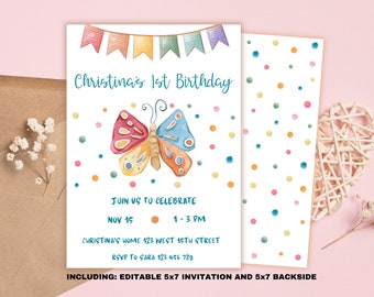 Butterfly 1st Birthday Invitation, Girl Birthday Party (Canva Template)