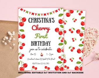 Cherry First Birthday Invitation, Sweet Fruit Party (Canva Template)