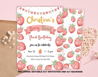 May include: A pink and green printable birthday invitation with a strawberry pattern. The invitation says "Christina's Berry Sweet Third Birthday" and includes details for the party, including the date, time, and location. The invitation also includes a small cupcake graphic.
