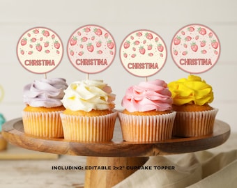 Strawberry Cupcake Toppers: Editable Berry 1st Birthday (Canva Template)